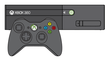 Горит кольцо вокруг кнопки питания консоли Xbox 360 E. Изображен также геймпад с освещенным верхним левым квадрантом индикатора вокруг кнопки Guide. 