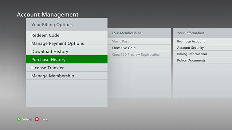 Check Purchase History on Xbox 360